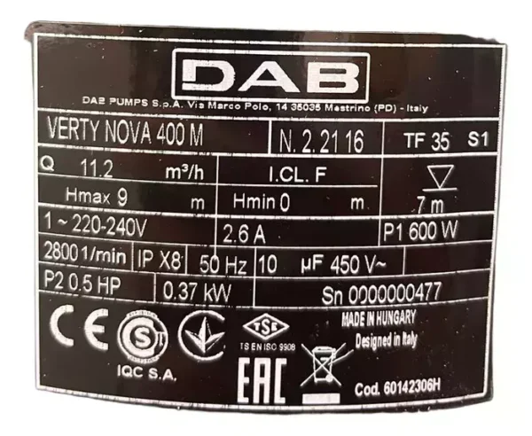 Bomba Sumergible Dab Verty Nova 400 M 0.5hp - Imagen 4