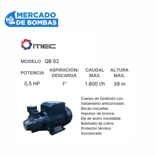 Bomba Periferica MEC QB 62 - 0.5 hp - Imagen 3