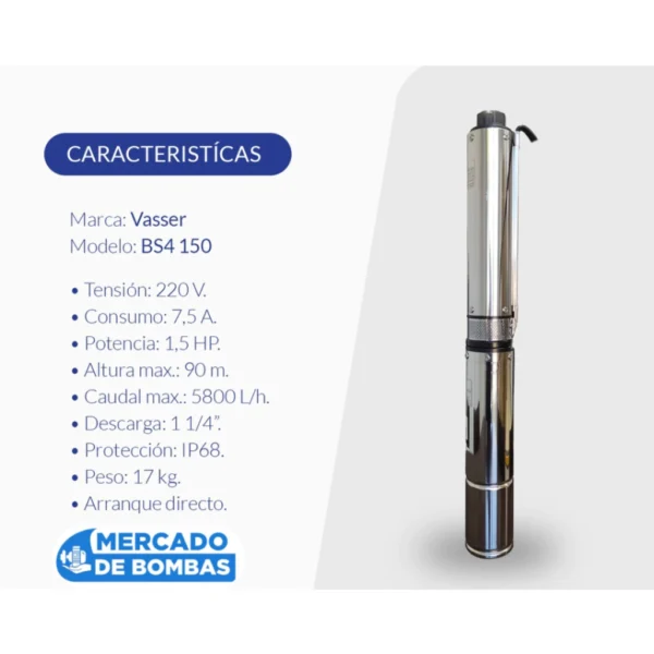 Electrobomba Sumergible Vasser BS4 150 A - Calidad / Rendimiento Superior - Imagen 3